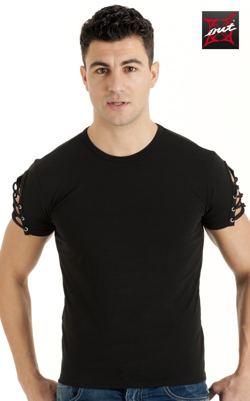 T-Shirt Sexy Noir Manches Courtes Lycra et Lacets OUTX 
