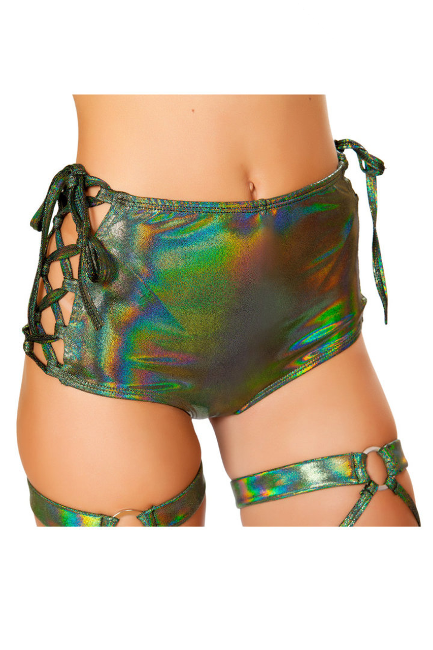 Short taille haute vert irisé à lacets