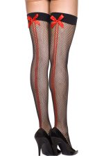 Bas autofixants résille spandex double couture rouge et nœuds