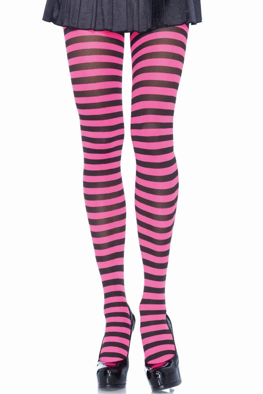 Collants rayés noirs et roses néon opaques