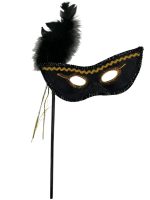 Masque de bal plume sur tige dorée