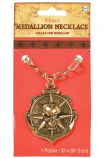 Collier pirate doré médaillon boussole et crâne