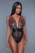 Body Estella en sequins rose et dentelle noire