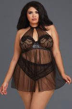Babydoll grande taille en mesh transparent et dentelle col haut
