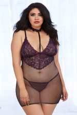 Chemise résille et dentelle grande taille violette