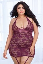 Nuisette grande taille rayée et dentelle