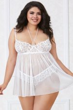 Nuisette blanche grande taille à armatures et menottes perles