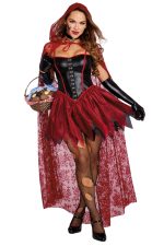 Costume petit chaperon rouge sexy avec cape dentelle et collier loup