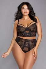 Bustier dentelle grande taille à lanières et string assorti