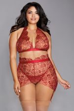 Ensemble lingerie grande taille brodé floral rouge
