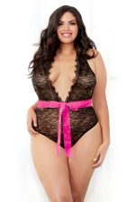 Body dentelle grande taille noir à nœud contrasté