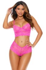 Ensemble bralette dentelle rose néon et shorty assorti