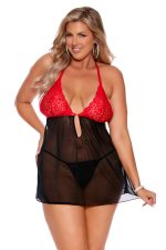 Nuisette grande taille rouge dentelle et tulle noir