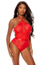 Body teddy rouge brodé en mesh et satin
