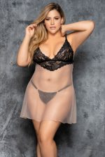 Babydoll grande taille en mesh nude et dentelle noire