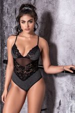 Teddy gris scintillant en maille côtelée et dentelle