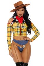 Costume shérif sexy jaune carreaux et imprimé vache