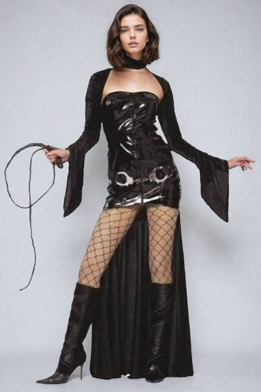 Costume dominatrix sexy avec robe, shrug et collier