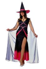 Costume sorcière élégante avec cape, chapeau et collier