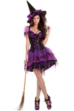 Sorcière please costume : mini robe noire et violette avec chapeau