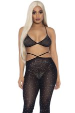 Top bikini en résille noire à strass et pantalon flare taille haute