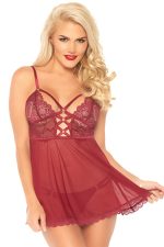 Nuisette dentelle à lacets en tulle avec string assorti