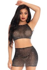 Top court résille et mini-jupe strass