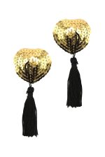 Cache-tétons cœur doré en sequins avec franges noires