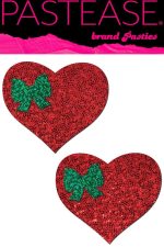 Cache-tétons cœurs pailletés rouge à nœud vert