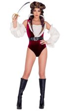 Costume pirate sexy en velours bordeaux 5 pièces