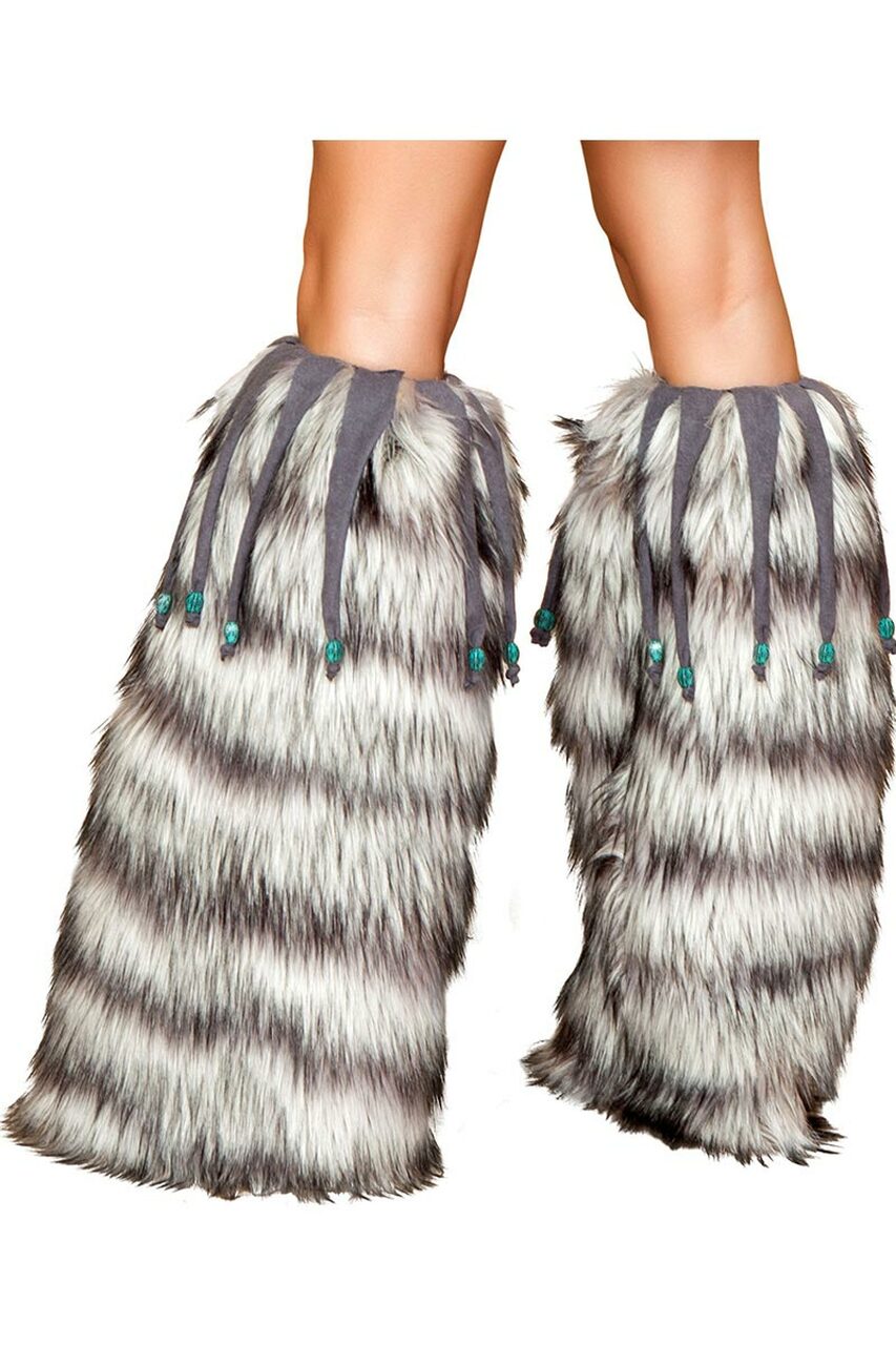 Jambières en fausse fourrure grises à franges perlées