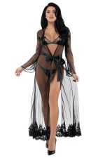 Robe longue en mesh noir et dentelle cils