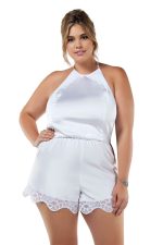 Combishort satin grande taille à col licou et dentelle