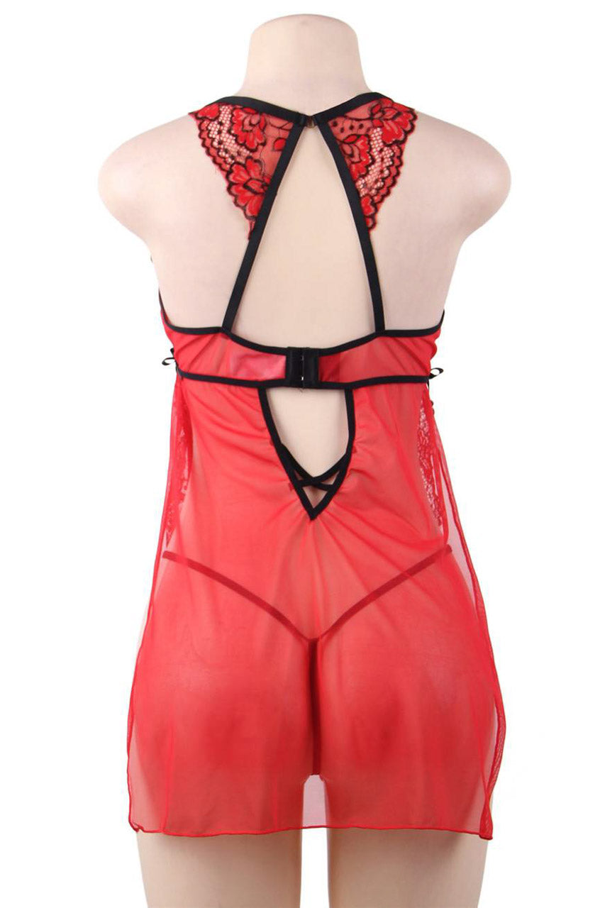 Nuisette rouge en dentelle fendue à imprimé rose – Image 3