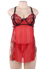Nuisette rouge en dentelle fendue à imprimé rose