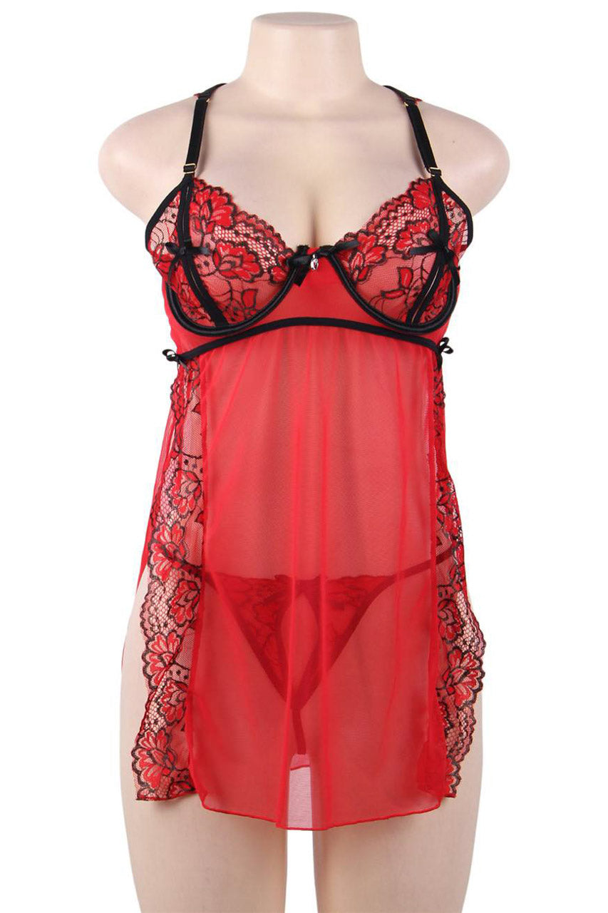 Nuisette rouge en dentelle fendue à imprimé rose