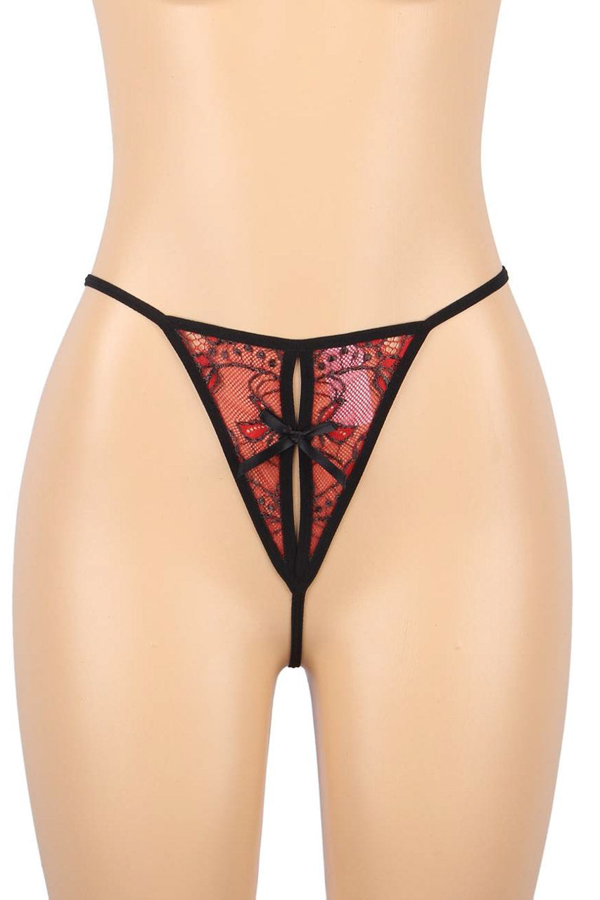 Nuisette rouge en dentelle fendue à imprimé rose – Image 4