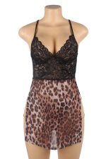 Chemise lingerie léopard en résille et dentelle noire