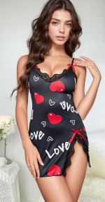 Chemise Love Sleep noire imprimé cœurs avec culotte