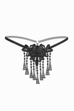String noir à franges glamour et perles