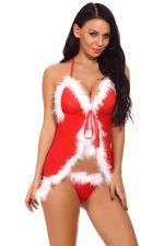 Nuisette Santa rouge en mesh et marabou