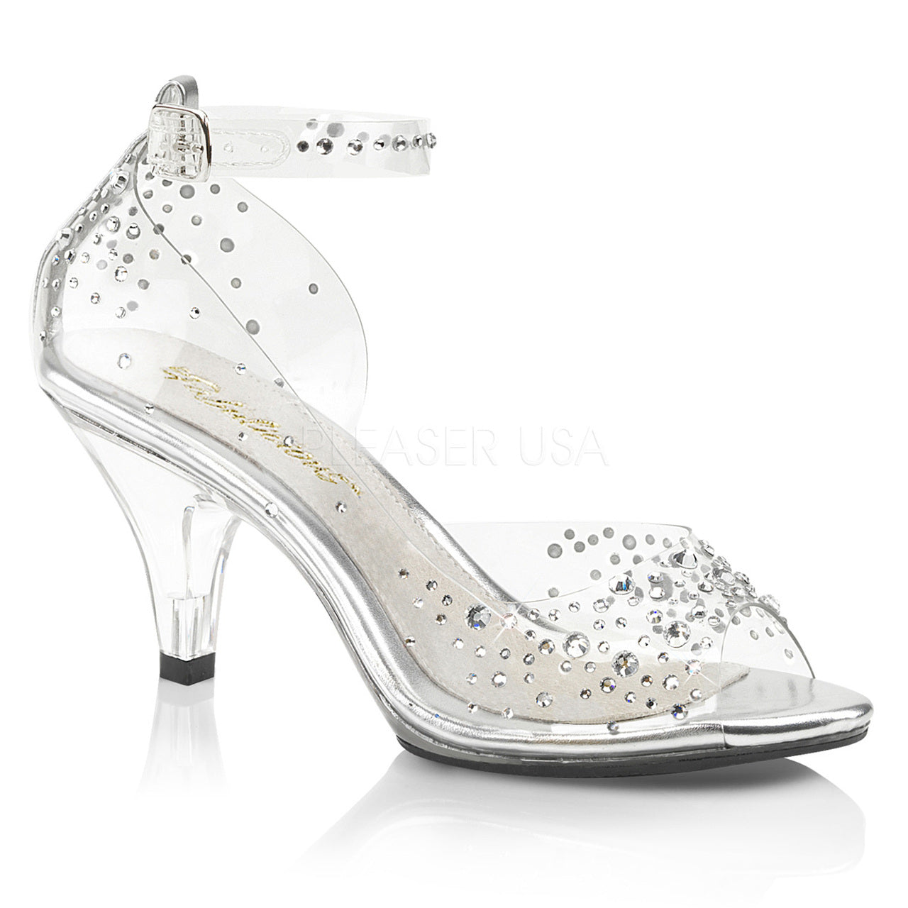Sandales talons transparents 3 pouces avec strass et bride cheville