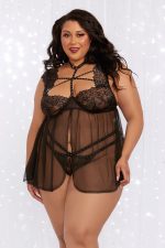 Babydoll grande taille en velours et dentelle à harnais