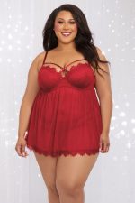 Nuisette rouge grande taille à lanières et dentelle