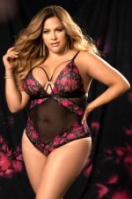 Body nymphe coquine grande taille en dentelle noire et rose