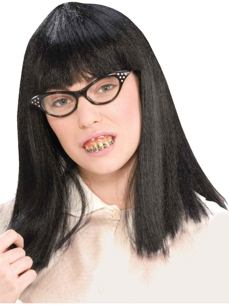 Kit nerd femme avec perruque, lunettes et fausses dents