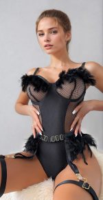 Teddy jarretelles plumes noir