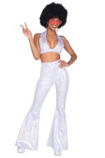 Costume disco argenté crop top et pantalons pattes d’eph