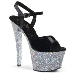 Escarpins pailletés noirs et argent à plateforme et talons 18 cm