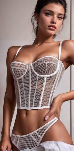 Bustier en filet blanc à armatures et string assorti